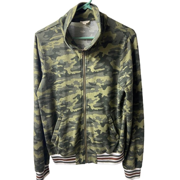 Hem & Thread Jacket Women Small Green Camo Full Zip Band Collar Long Sleeved - Picture 1 of 4